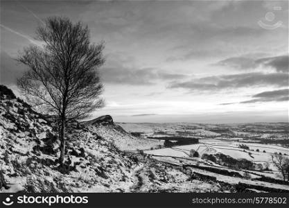 Stunning Winter panorama landscape snow covered countryside in black and white