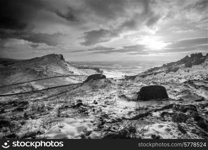 Stunning Winter panorama landscape snow covered countryside in black and white