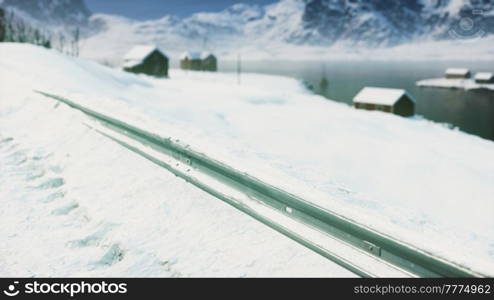 Stunning winter scenery with traditional Norwegian wooden houses on the shore of fjord. Stunning winter scenery with traditional Norwegian wooden houses