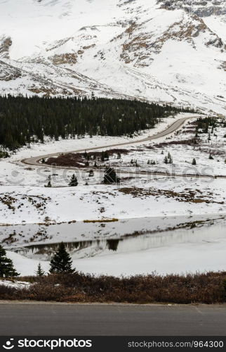 Stunning winter view of Columbia Icefield parkway in Jasper National Park in Alberta, Canada