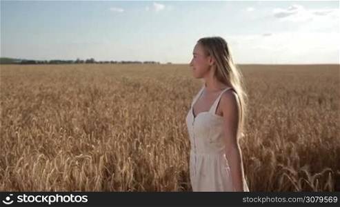 Stunning young female with long blond hair going through cereal field over beautiful landscape. Delighted woman in white dress with arms outstretched walking through golden wheat field and smiling during summer vacation trip. Slo mo. Stabilized shot.