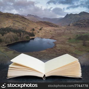 Stunnnig drone aerial sunrise landscape image of Blea Tarn and Langdales Range in UK Lake District coming out of pages in book composite image