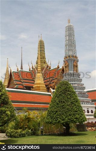 Stupa and roofs of temples in Grand palace, Bangkok, Thailand