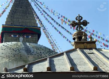 Stupa Bodnath and roof of shrine in Kathmandu, Nepal
