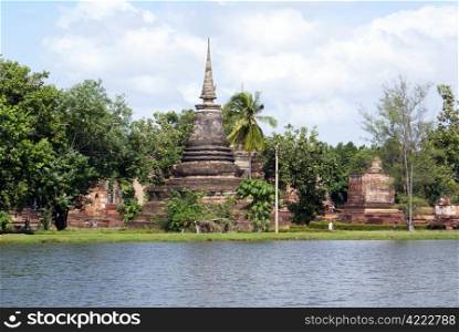 Stupa on the lake in old Sukhotai, Thailand