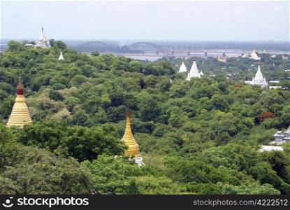 Stupas and bridge, Sagaing Hill, Mandalay, Myanmar