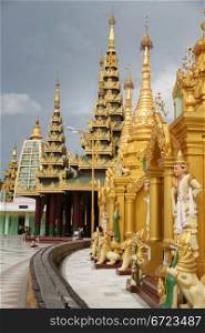 Stupas and temples on the base of Shwe Dagon pagoda in Yangon, Myanmar
