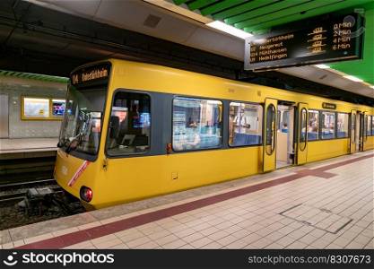 Stuttgart, BW / Germany - 21 July 2020  the subway train entering the Charlottenplatz station in downtown Stuttgart