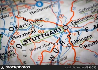 Stuttgart city on a road map