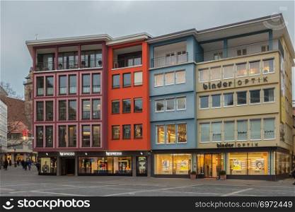 STUTTGART,GERMANY - JANUARY 12,2018: Rathausplatz These are two of many shops around the city hall,which is in the center of the city.It&rsquo;s a coffee shop and an optician.