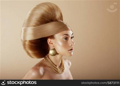 Styling. Profile of Glamorous Woman with Golden Hairdo