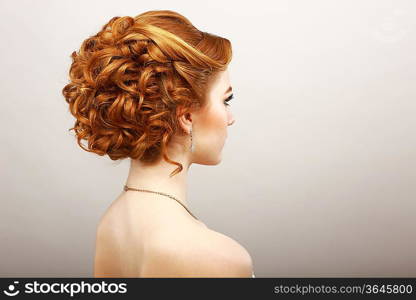 Styling. Rear View of Frizzy Red Hair Woman. Haircare Spa Salon Concept