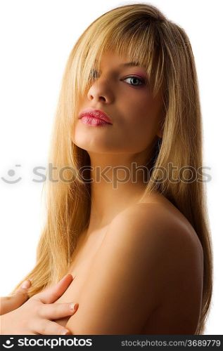 stylish and pretty blond woman looking in camera in high hat way