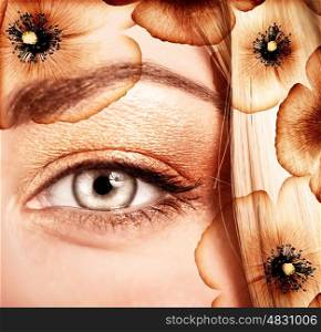 Stylish autumn makeup, beautiful flowers decoration on blond hair, face part, glossy golden eyeshadow, fashion and beauty concept&#xA;
