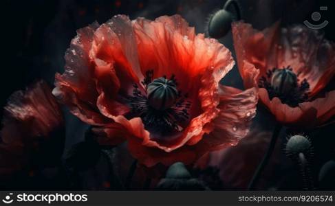 Stylish Background with Poppy Flower on Dark, Generative AI. Poppy Flower on Dark, Generative AI