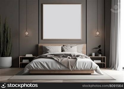 Stylish bedroom design with a mockup poster on the wall and a comfortable bed, adding a touch of elegance and simplicity to the space. AI Generative.