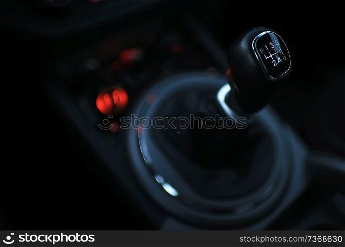 Stylish black car interior close-up details in the evening
