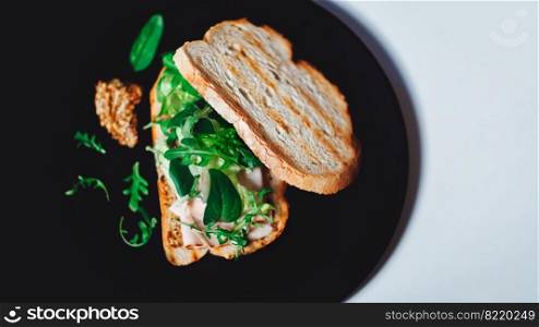 Stylish Black Plate with Tasty Sandwich Isolated on White Background. Healthy Organic Breakfast with Ham, Cheese and Micro Greens.. Tasty Sandwich on the Plate
