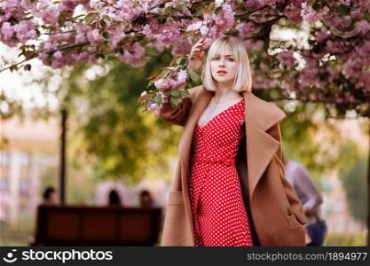 stylish blonde in a red dress in the spring city. Beautiful girl in red dress posing on city streets. Stunning young woman walking in the city. stylish blonde in a red dress in the spring city. Beautiful girl in red dress posing on city streets. Stunning young woman walking in the city.