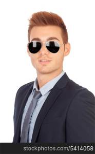 Stylish businessman with sunglasses isolated on a white background