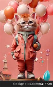 Stylish Cat in Coral Glasses and Clothes Holding a Bunch of Balloons. Generative ai. High quality illustration. Stylish Cat in Coral Glasses and Clothes Holding a Bunch of Balloons. Generative ai