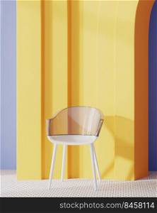 Stylish chair with transparent plastic back with yellow arch and blue wall on background, 3d rendering