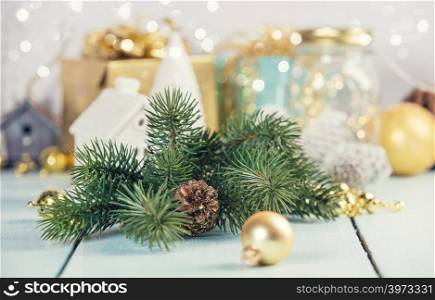 Stylish Christmas decorations on white background. Christmas decoration on wooden background, horizontal composition