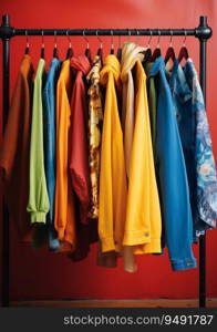 Stylish clothes, garments on a rack