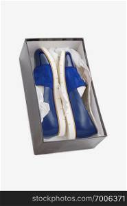 stylish, comfortable, blue women shoes in box on a white background