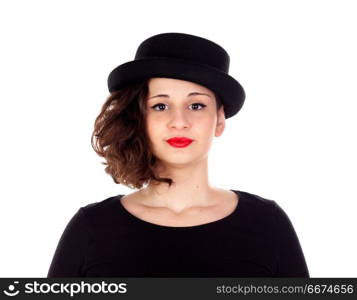Stylish curvy girl with black hat and dress. Stylish curvy girl with black hat and dress isolated on a white background