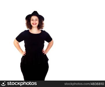 Stylish curvy girl with black hat and dress isolated on a white background