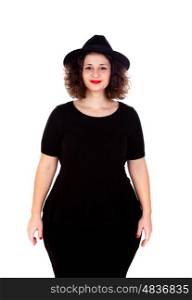 Stylish curvy girl with black hat and dress isolated on a white background