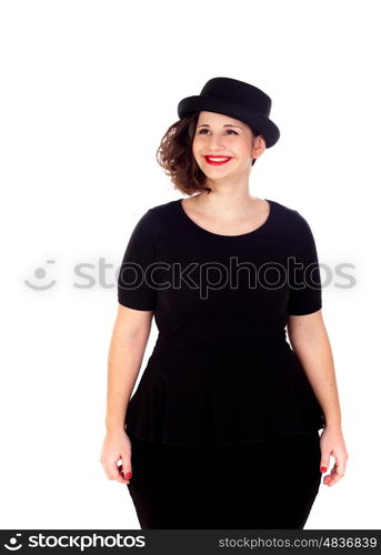 Stylish curvy girl with black hat and dress isolated on a white background