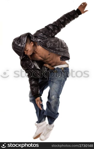 Stylish dance performance by black man on white background