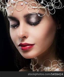 Stylish Fashionable Young Woman with Pearls in Reverie