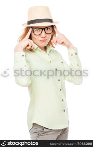 stylish girl corrects glasses on a white background