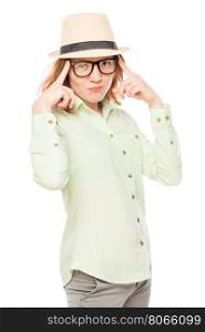 stylish girl corrects glasses on a white background
