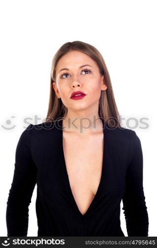 Stylish girl dressed in black with red lips isolated on white background