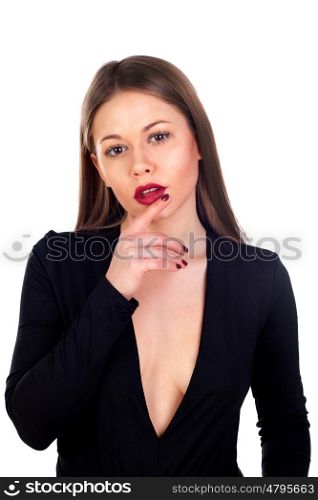 Stylish girl dressed in black with red lips isolated on white background