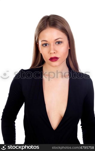 Stylish girl dressed in black with red lips isolated on white background