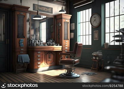 Stylish hairdressing salon interior in daytime. Neural network AI generated art. Stylish hairdressing salon interior in daytime. Neural network generated art