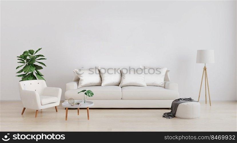 Stylish interior of bright living room with white sofa and armchair, floor l&, plant and coffee table with decoration. Living room interior mockup. Modern design room with bright daylight. 3d rendering