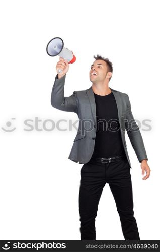 Stylish man with megaphone isolated on white background