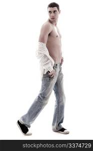 Stylish model show his chest in open shirt and jean, side pose in isoalted white background