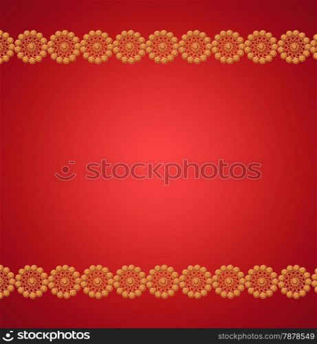 stylish pattern of brown laces on the red. Trendy red card. Card for different events on the red background. Place for text.