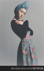 Stylish photo of refined lady in flower skirt