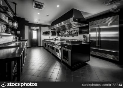 stylish restaurant kitchen with sleek appliances, clean counters, and stylish decor, created with generative ai. stylish restaurant kitchen with sleek appliances, clean counters, and stylish decor