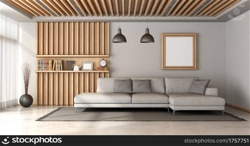 Stylish scandinavian style living room with large gray sofa and wooden panel with shelf on background - 3d rendering. Stylish scandinavian living room with large gray sofa