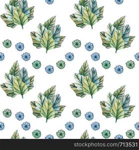 Stylish seamless pattern with green leaves and buds on a white background.. Seamless pattern with leaves on white background.