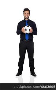 Stylish soccer player with a ball isolated on white background